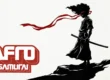 Ilustração minimalista e artística de Afro Samurai em tons de cinza, destacando sua silhueta e um toque de vermelho na faixa de cabeça.