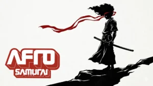 Ilustração minimalista e artística de Afro Samurai em tons de cinza, destacando sua silhueta e um toque de vermelho na faixa de cabeça.