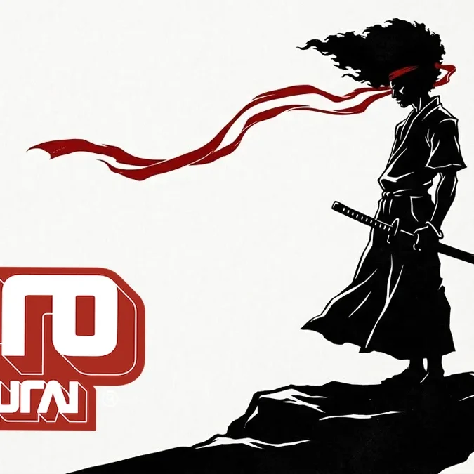 Ilustração minimalista e artística de Afro Samurai em tons de cinza, destacando sua silhueta e um toque de vermelho na faixa de cabeça.