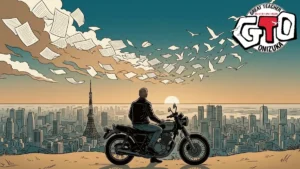 Ilustração artística de um motociclista observando Tóquio, simbolizando a liberdade de Onizuka frente à rigidez urbana.
