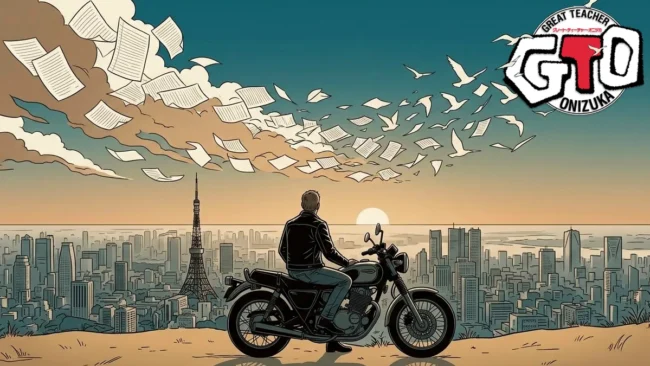 analise-estetica-gto-onizuka-japao Ilustração artística de um motociclista observando Tóquio, simbolizando a liberdade de Onizuka frente à rigidez urbana.