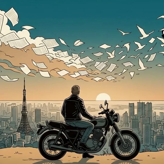 Ilustração artística de um motociclista observando Tóquio, simbolizando a liberdade de Onizuka frente à rigidez urbana.