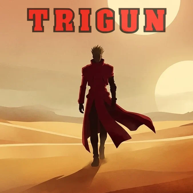 Ilustração minimalista de Vash the Stampede sob dois sóis, destacando a silhueta da capa vermelha em um deserto vasto.