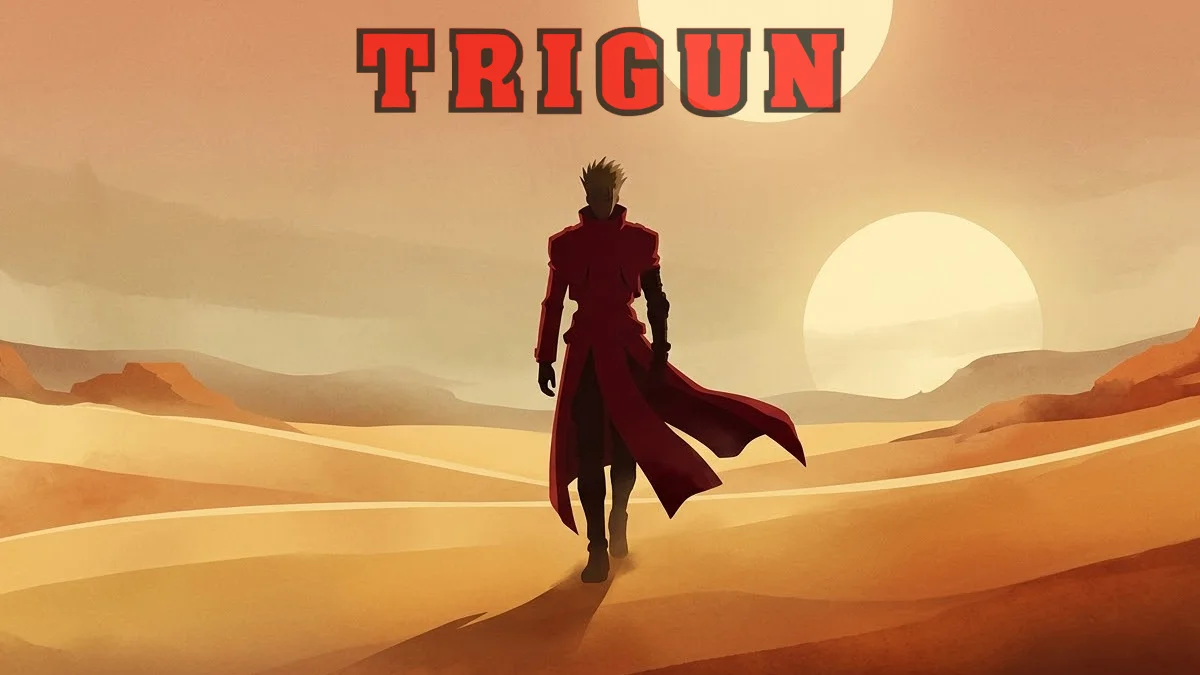 analise-estetica-trigun-vash-deserto Ilustração minimalista de Vash the Stampede sob dois sóis, destacando a silhueta da capa vermelha em um deserto vasto.