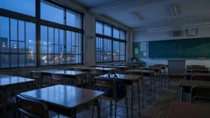Interior de uma sala de aula de escola secundária japonesa vazia ao anoitecer, destacando a arquitetura modular, as carteiras alinhadas e a iluminação suave que entra pelas janelas de correr.