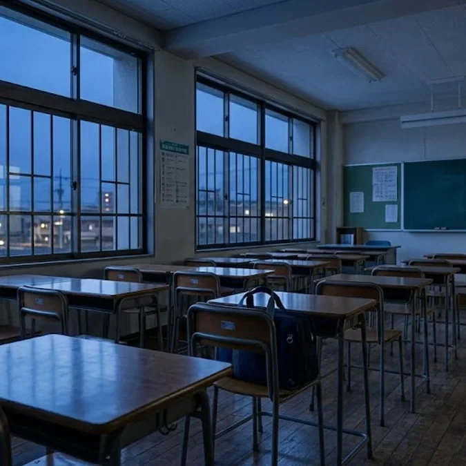 Interior de uma sala de aula de escola secundária japonesa vazia ao anoitecer, destacando a arquitetura modular, as carteiras alinhadas e a iluminação suave que entra pelas janelas de correr.