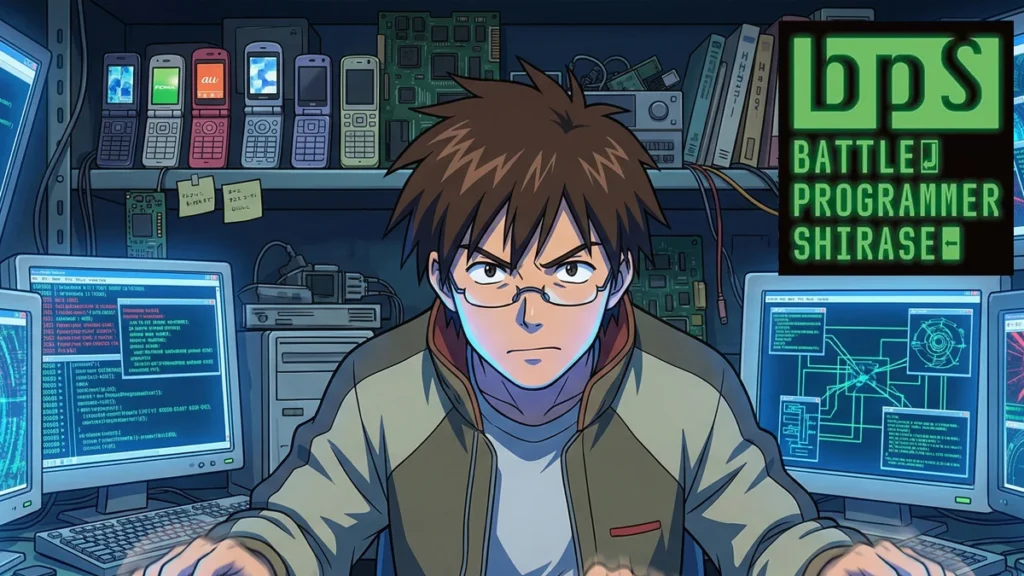 Ilustração do personagem Akira Shirase do anime Battle Programmer Shirase digitando freneticamente em múltiplos computadores, com códigos exagerados nas telas.