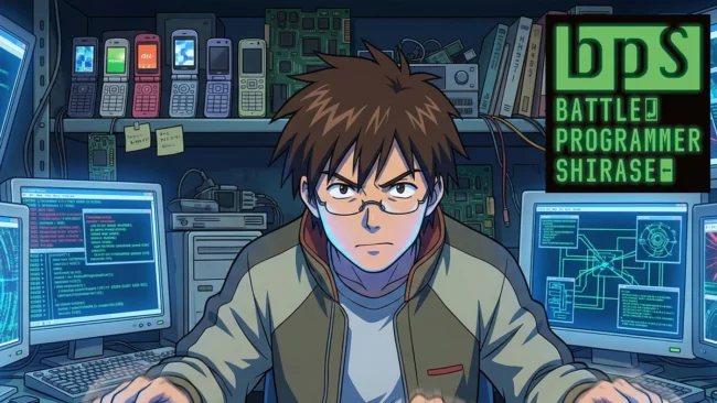 battle-programmer-shirase-BPS-anime-analise Ilustração do personagem Akira Shirase do anime Battle Programmer Shirase digitando freneticamente em múltiplos computadores, com códigos exagerados nas telas.