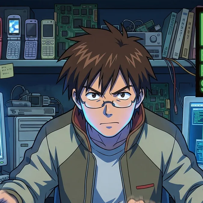 Ilustração do personagem Akira Shirase do anime Battle Programmer Shirase digitando freneticamente em múltiplos computadores, com códigos exagerados nas telas.