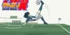 Ilustração minimalista de um jogador de futebol em salto acrobático, simbolizando a estética e o movimento de Captain Tsubasa.