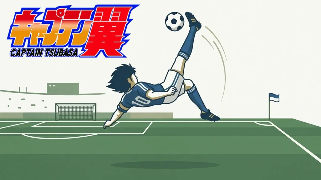 Ilustração minimalista de um jogador de futebol em salto acrobático, simbolizando a estética e o movimento de Captain Tsubasa.
