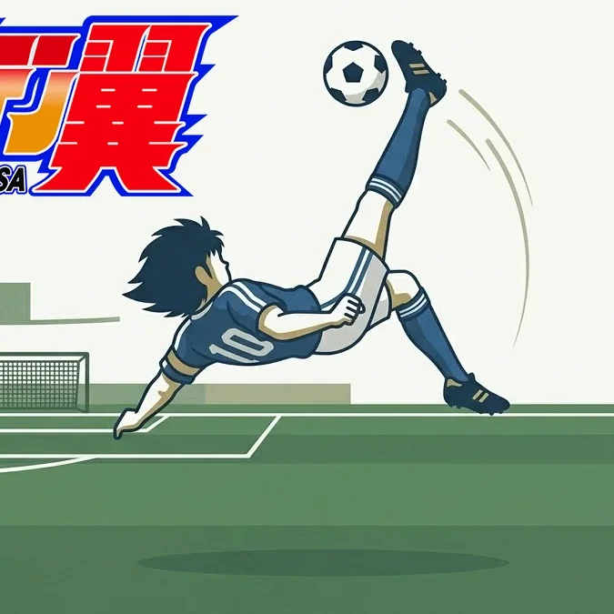 Ilustração minimalista de um jogador de futebol em salto acrobático, simbolizando a estética e o movimento de Captain Tsubasa.
