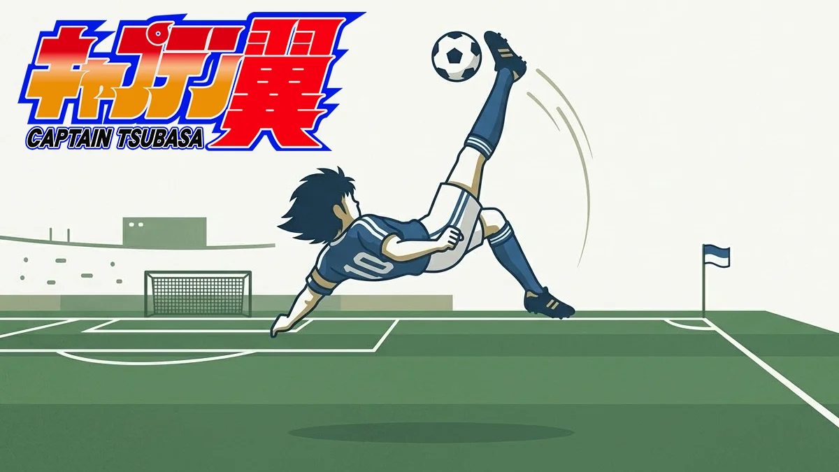 captain-tsubasa-analise-estetica-minimalista.jpg Ilustração minimalista de um jogador de futebol em salto acrobático, simbolizando a estética e o movimento de Captain Tsubasa.