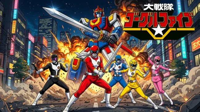 Ilustração estilo retro dos cinco heróis de Goggle-V em poses de ação, com o Goggle Robo e explosões ao fundo