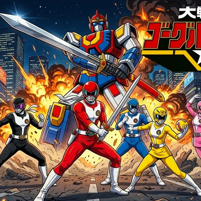 Ilustração estilo retro dos cinco heróis de Goggle-V em poses de ação, com o Goggle Robo e explosões ao fundo