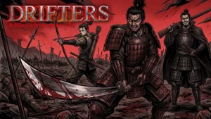 Ilustração de Toyohisa, Nobunaga e Yoichi de Drifters no campo de batalha de Sekigahara, com estética dark fantasy e gore.