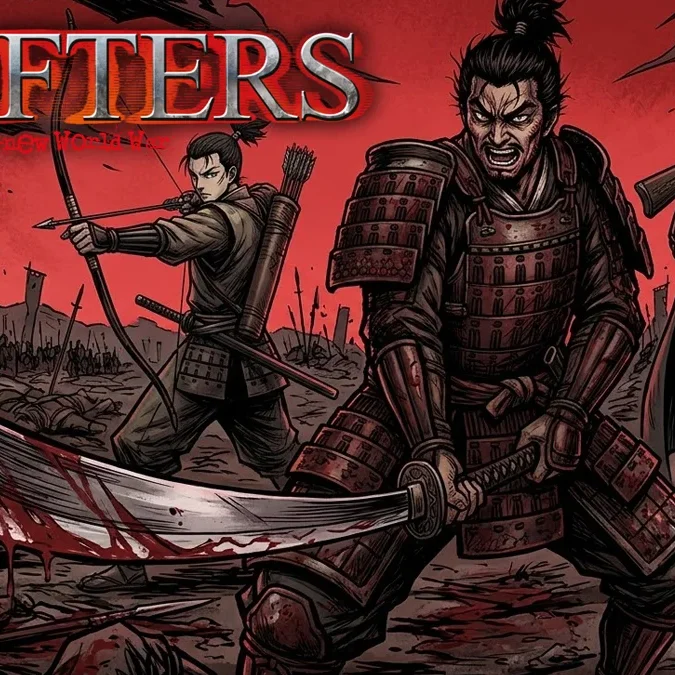 Ilustração de Toyohisa, Nobunaga e Yoichi de Drifters no campo de batalha de Sekigahara, com estética dark fantasy e gore.