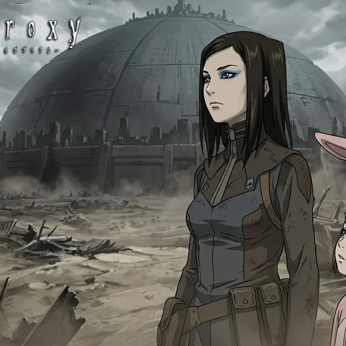 Re-l Mayer e Pino observam a cidade-domo de Romdo sob um céu cinzento na animação cyber-noir Ergo Proxy.