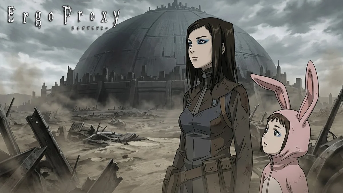 Re-l Mayer e Pino observam a cidade-domo de Romdo sob um céu cinzento na animação cyber-noir Ergo Proxy.