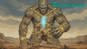 Ilustração minimalista de Delos e Prome integrando-se anatomicamente a um gigante em Gigantomachia.