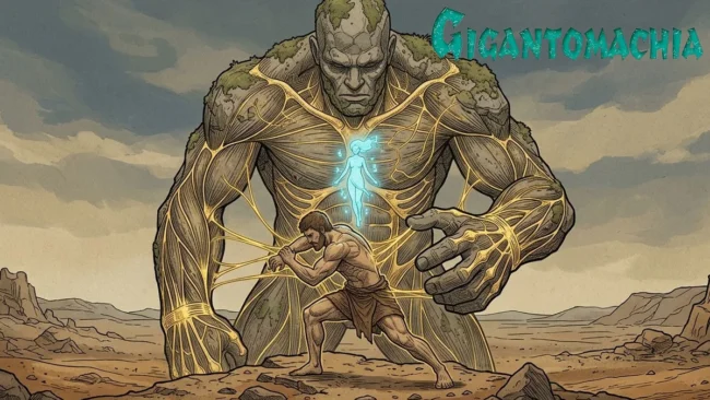 gigantomachia-miura-analise-estetica-humanizada Ilustração minimalista de Delos e Prome integrando-se anatomicamente a um gigante em Gigantomachia.