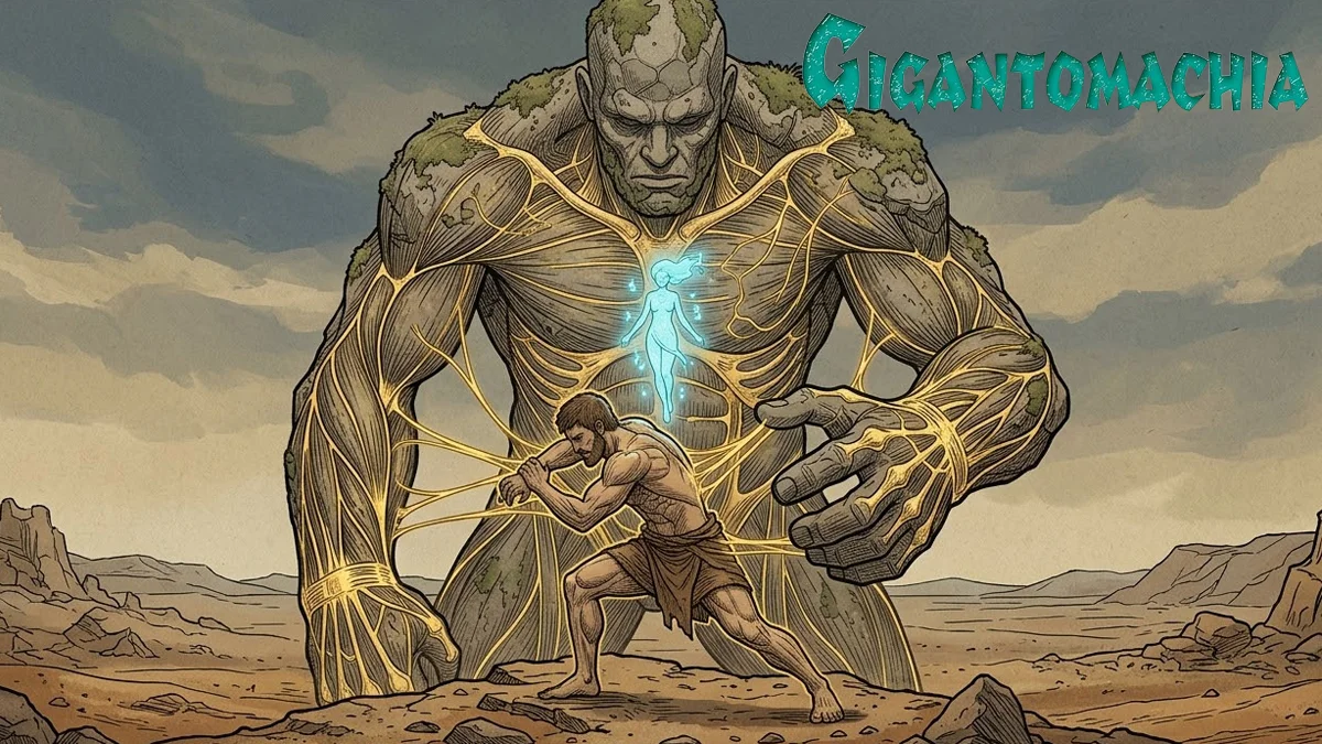 gigantomachia-miura-analise-estetica-humanizada Ilustração minimalista de Delos e Prome integrando-se anatomicamente a um gigante em Gigantomachia.