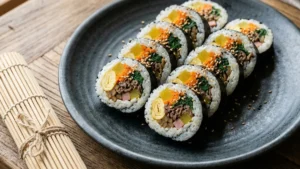 Fotografia de close-up do corte transversal de um Gimbap coreano, revelando recheios coloridos organizados perfeitamente em um prato de cerâmica escura.
