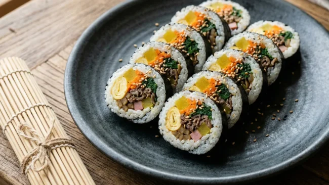 gimbap-coreano-tradicional-mandala Fotografia de close-up do corte transversal de um Gimbap coreano, revelando recheios coloridos organizados perfeitamente em um prato de cerâmica escura.