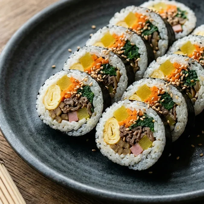 Fotografia de close-up do corte transversal de um Gimbap coreano, revelando recheios coloridos organizados perfeitamente em um prato de cerâmica escura.