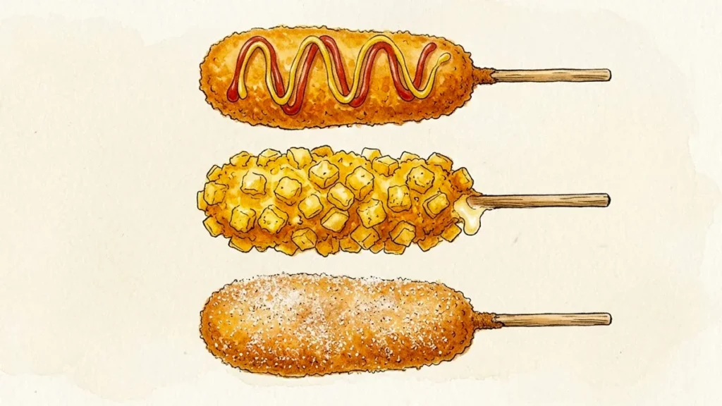 Ilustração artística de hot dogs coreanos destacando as texturas da massa crocante e da cobertura de batata em tons terrosos.