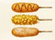 Ilustração artística de hot dogs coreanos destacando as texturas da massa crocante e da cobertura de batata em tons terrosos.