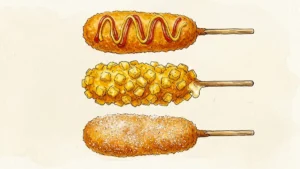 Ilustração artística de hot dogs coreanos destacando as texturas da massa crocante e da cobertura de batata em tons terrosos.