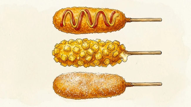 hot-dog-coreano-estetica-minimalista-artesanal Ilustração artística de hot dogs coreanos destacando as texturas da massa crocante e da cobertura de batata em tons terrosos.