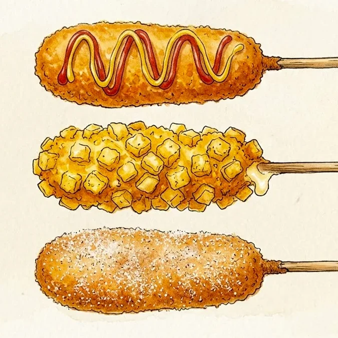 Ilustração artística de hot dogs coreanos destacando as texturas da massa crocante e da cobertura de batata em tons terrosos.