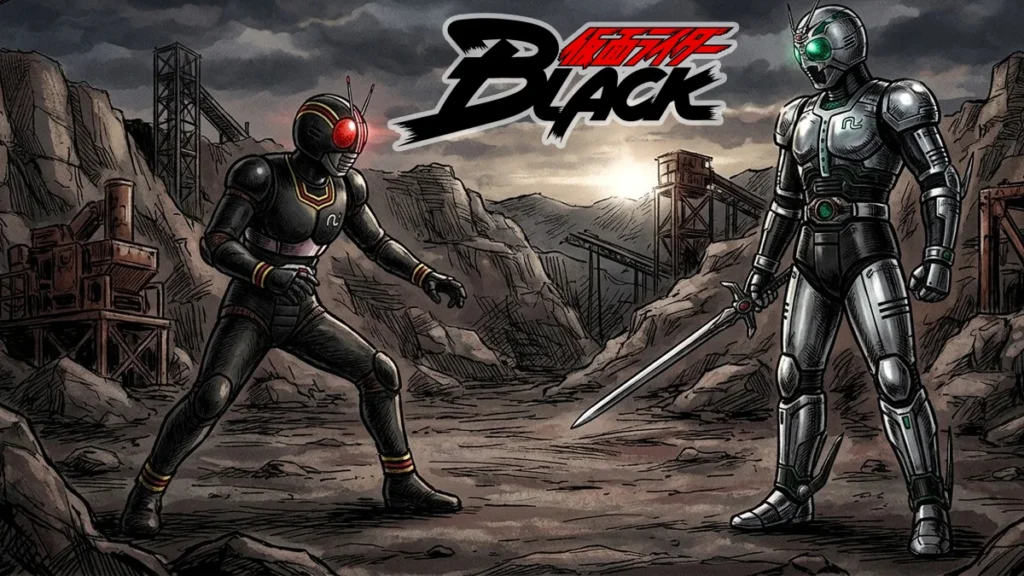 Ilustração dramática mostrando Kamen Rider Black em pose defensiva enfrentando Shadow Moon em um cenário rochoso sob céu sombrio.