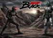 Ilustração dramática mostrando Kamen Rider Black em pose defensiva enfrentando Shadow Moon em um cenário rochoso sob céu sombrio.