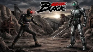 Ilustração dramática mostrando Kamen Rider Black em pose defensiva enfrentando Shadow Moon em um cenário rochoso sob céu sombrio.