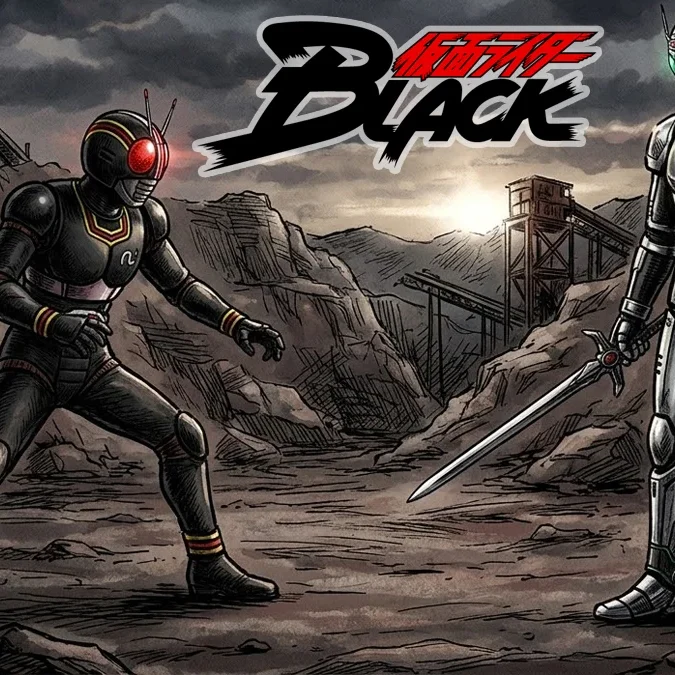 Ilustração dramática mostrando Kamen Rider Black em pose defensiva enfrentando Shadow Moon em um cenário rochoso sob céu sombrio.