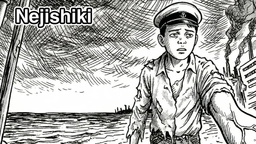 Ilustração de Nejishiki: jovem de boné de marinheiro em cenário surreal e claustrofóbico