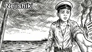 Ilustração de Nejishiki: jovem de boné de marinheiro em cenário surreal e claustrofóbico