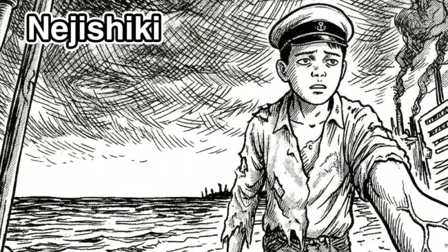 nejishiki_yoshiharu_tsuge_gekiga_underground_manga_analise_japanzone Ilustração de Nejishiki: jovem de boné de marinheiro em cenário surreal e claustrofóbico