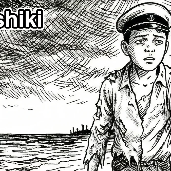 Ilustração de Nejishiki: jovem de boné de marinheiro em cenário surreal e claustrofóbico