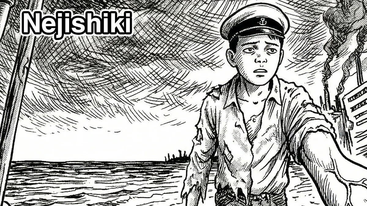 nejishiki_yoshiharu_tsuge_gekiga_underground_manga_analise_japanzone Ilustração de Nejishiki: jovem de boné de marinheiro em cenário surreal e claustrofóbico