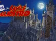 Ilustração detalhada do Castelo de Cagliostro sob luar, com Lupin III e Clarisse em uma torre, fiel ao estilo do anime de Hayao Miyazaki
