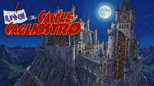 Ilustração detalhada do Castelo de Cagliostro sob luar, com Lupin III e Clarisse em uma torre, fiel ao estilo do anime de Hayao Miyazaki