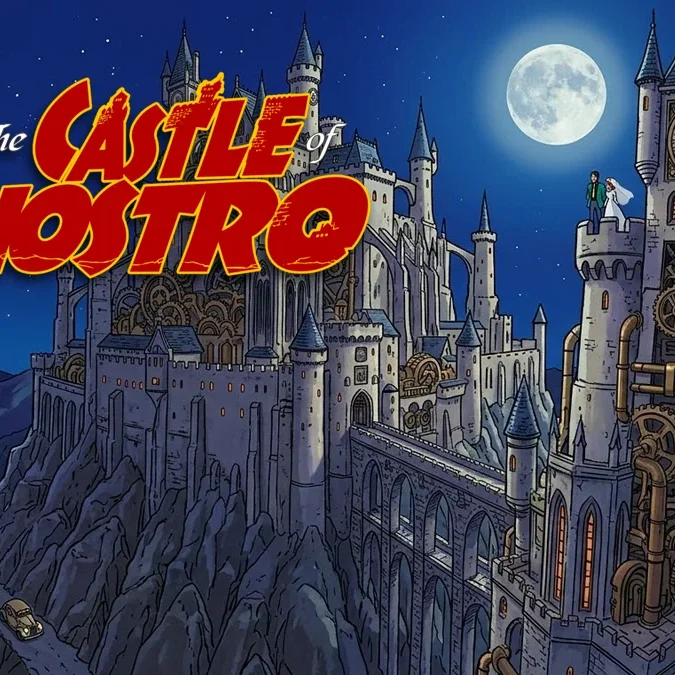 Ilustração detalhada do Castelo de Cagliostro sob luar, com Lupin III e Clarisse em uma torre, fiel ao estilo do anime de Hayao Miyazaki