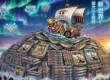 Ilustração de estilo mangá mostrando uma montanha de volumes de One Piece que formam um mar para o navio Thousand Sunny navegar.