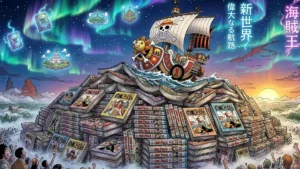 Ilustração de estilo mangá mostrando uma montanha de volumes de One Piece que formam um mar para o navio Thousand Sunny navegar.