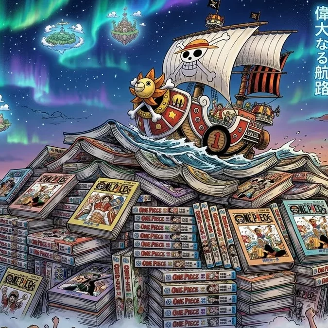 Ilustração de estilo mangá mostrando uma montanha de volumes de One Piece que formam um mar para o navio Thousand Sunny navegar.