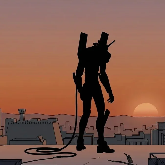 ontologia-evangelion-reflexao-estetica-minimalista Silhueta minimalista de um EVA contra um horizonte urbano japonês crepuscular, representando a introspecção e o isolamento.